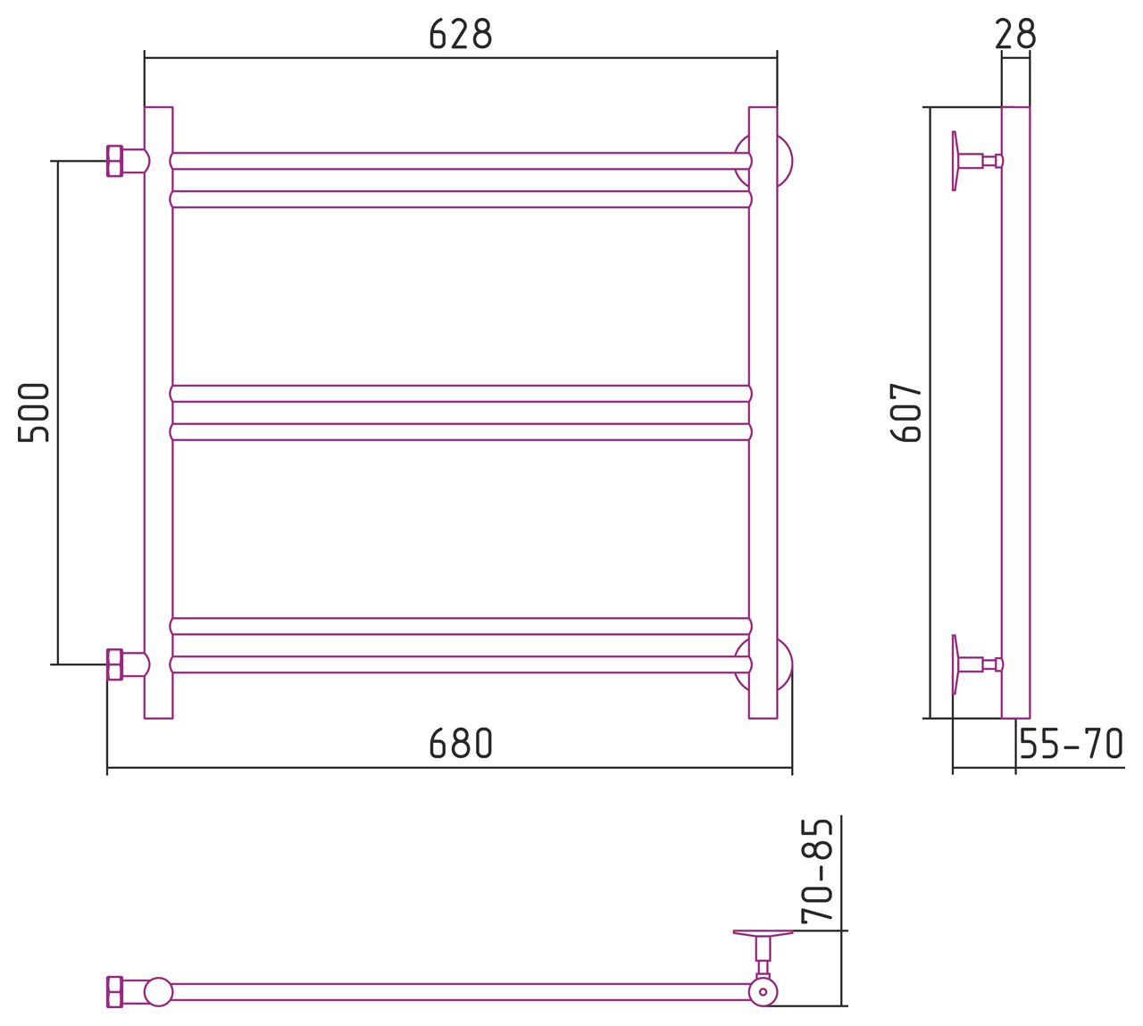 Полотенцесушитель водяной СТИЛЬЕ "Версия-Б1" 500х600 (2+2+2) П 16 (Чёрный)