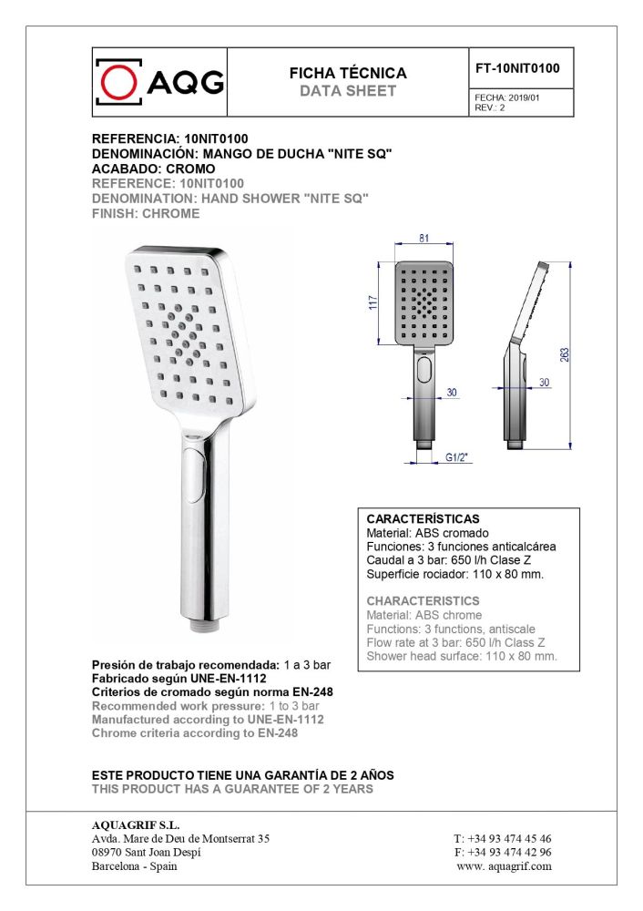 AQG, ручной душ антикальцевый NITE SQ 110х80мм, 2х режимный, цвет хром, артикул 10NIT0100