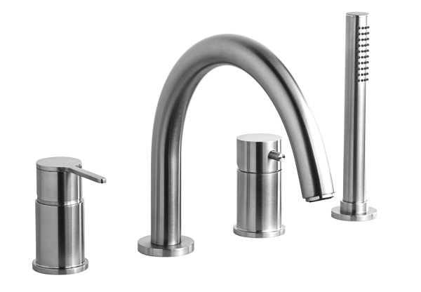 Emmevi Filoinox, комплект однорычажного смесителя на борт ванны на 4 отверстия с изливом, из нержавеющей стали