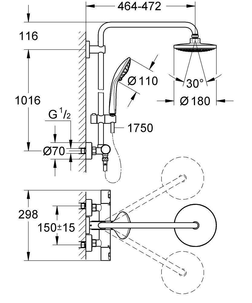 Душевая система GROHE Vitalio 210 с термостатическим смесителем, хром (27965000)