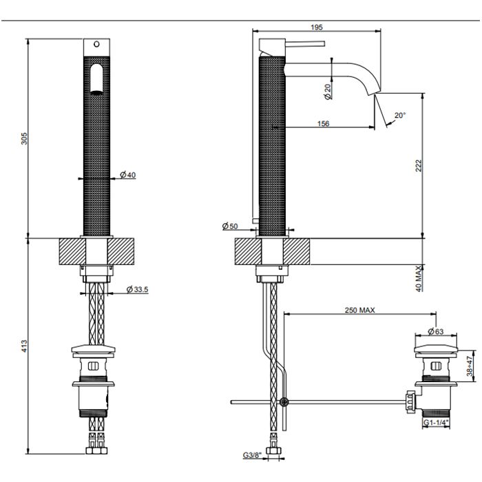 GESSI 316 Смеситель для раковины на 1 отверстие, высокий, h=305мм, с донным клапаном, излив 156мм, цвет: brushed black metal pvd