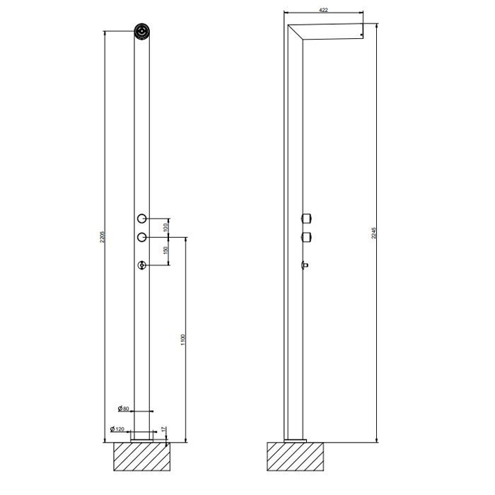 GESSI OUTDOOR Душевая стойка для установки на улице, напольная, на 2 выхода, без ручек, ручного душа и верхнего душа, внешняя часть, цвет Black XL