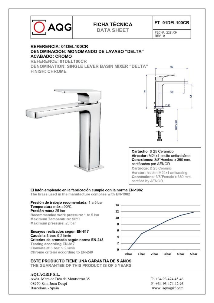 AQG Delta, однорычажный смеситель для раковины без донного клапана, цвет хром, артикул 01DEL100CR