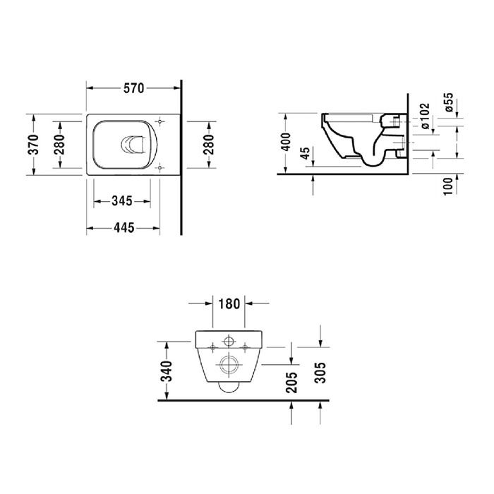 Унитаз, Duravit, Vero Air, безободковый (с открытым смывным краем), тип установки-подвесной, ширина, мм-370, глубина, мм-570, высота, мм-355, форма чаши-прямоугольная, выпуск-горизонтальный, материал-керамика, сиденье-необходимо заказать, крепления в комп