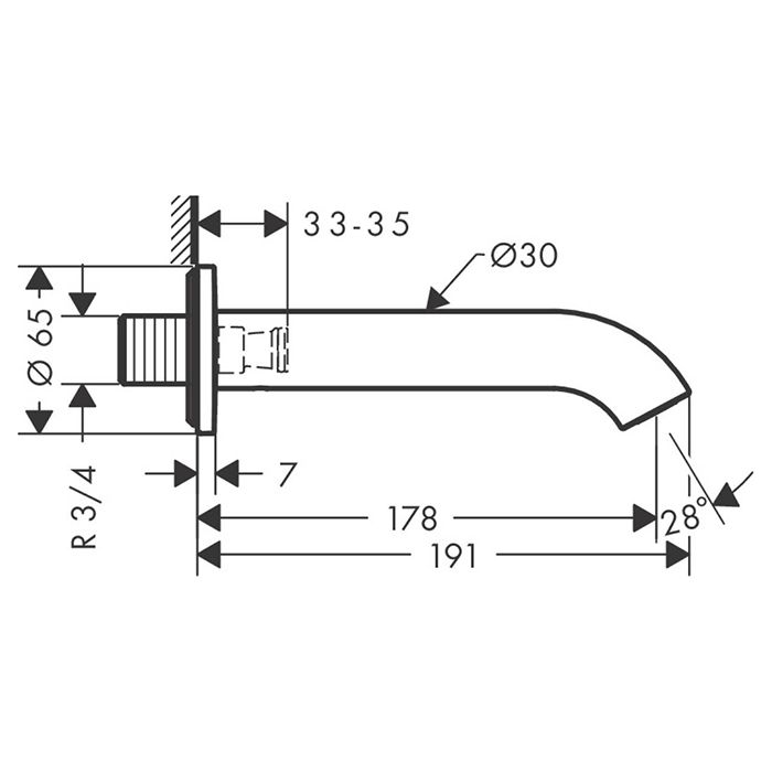 AX Uno Излив для ванны, 178мм, настенный, ¾’, цвет: шлифованный никель AX Uno Излив для ванны, 178мм, настенный, ¾’, цвет: шлифованный никель
