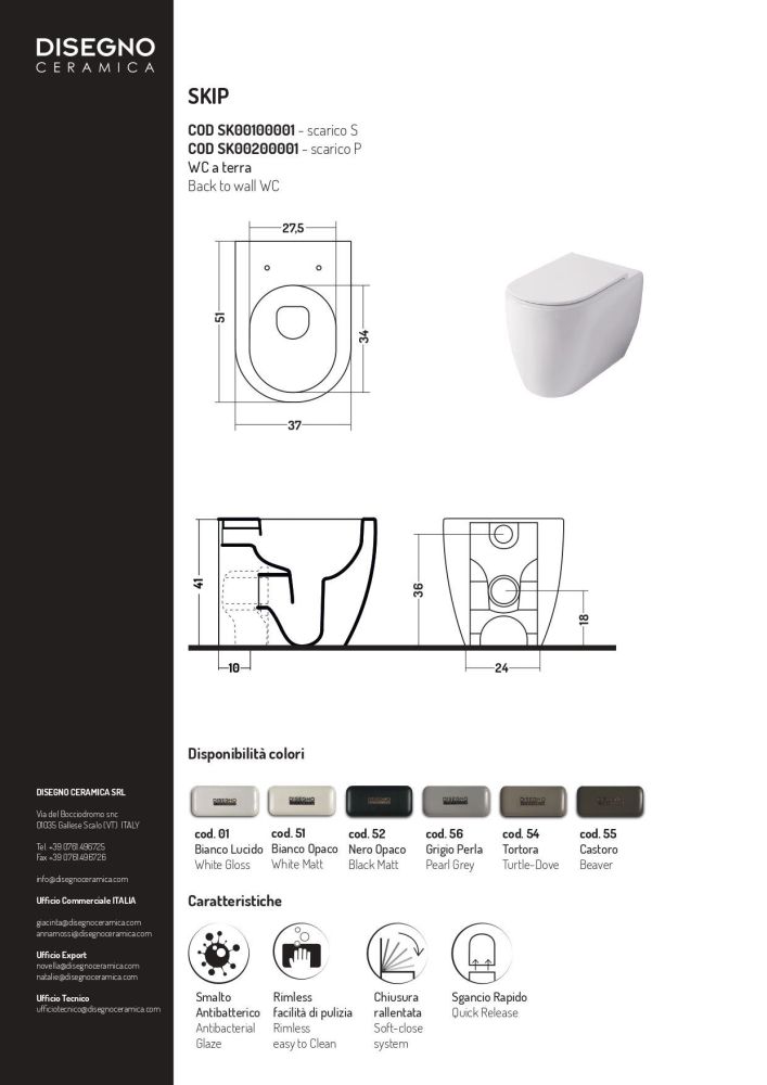 Disegno ceramica Skip, комплект напольного безободкового унитаза (выход в стену) с быстросъемным сиденьем  микролифт, цвет черный матовый, артикул SK002SET52