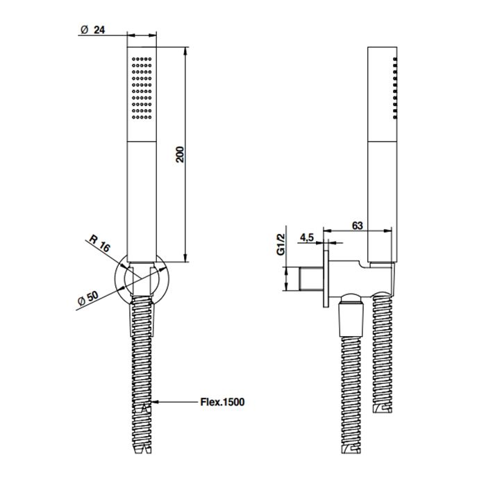 BONGIO Душевой комплект с ручным душем, шлангом 1500 мм. и подводом воды с держателем, цвет белый матовый