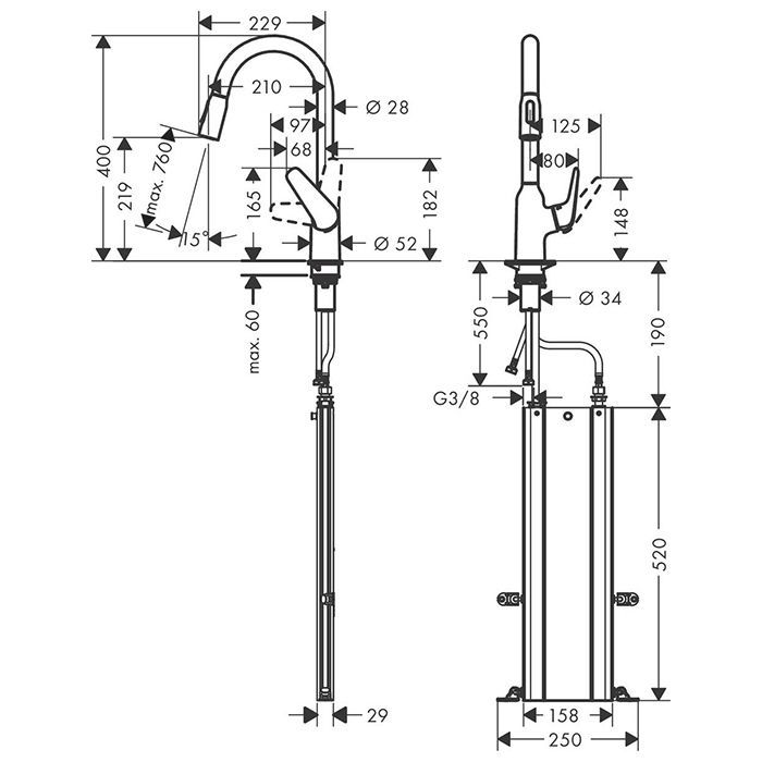 HG Focus M42 Кухонный смеситель на 1 отв, однорычажный, поворотный излив 229мм с вытяжным душем, 2jet, h219мм, sBox, цвет: под сталь HG Focus M42 Кухонный смеситель на 1 отв, однорычажный, поворотный излив 229мм с вытяжным душем, 2jet, h219мм, sBox, цвет: под сталь