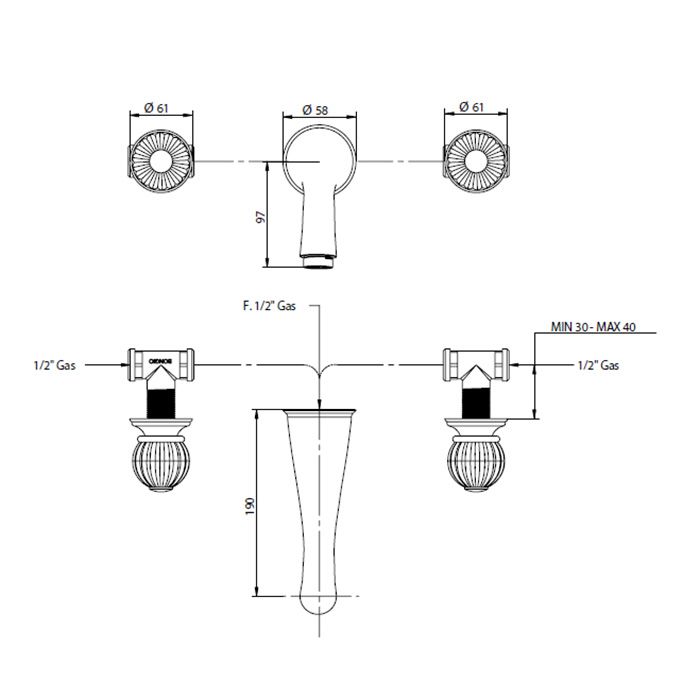 Bongio Rivoli Смеситель встраваемый для раковины с изливом 190мм, цвет хром/Cristallo 00(с внутр частью)