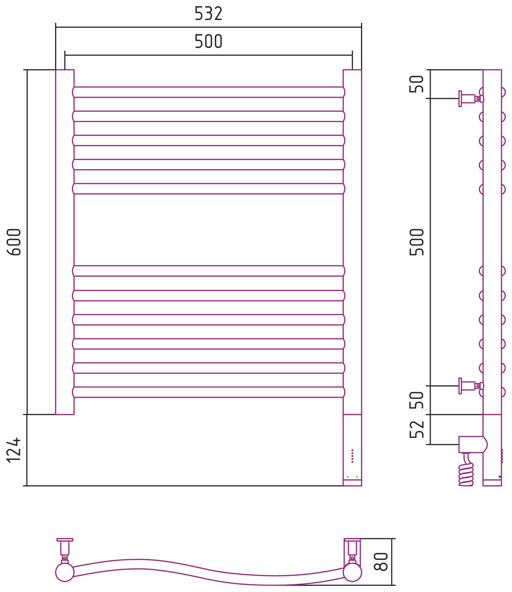 Полотенцесушитель электрический ФЛЮИД 3.0 600х500 МЭМ правый (Матовый чёрный)