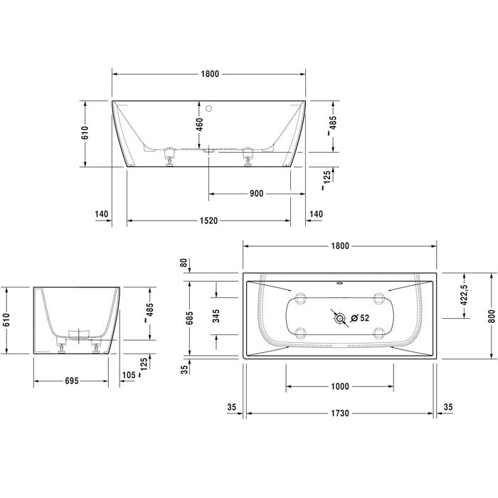 Duravit Vitrium Ванна прямоугольная  пристенная 1800x800мм, с ножками, с2 наклонами для спины, цвет аквамарин матовый