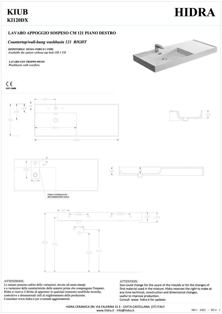 Hidra Kiub, накладная/подвесная прямоугольная раковина 121x46x12h см, чаша слева, цвет белый глянцевый, артикул KI120DX/001