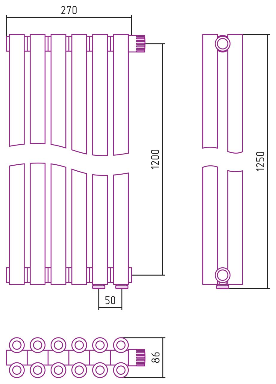 Отопительный радиатор ЭСТЕТ-00 н/ж EU50 1200х270 / 6 сек (МУАР Темный Титан)