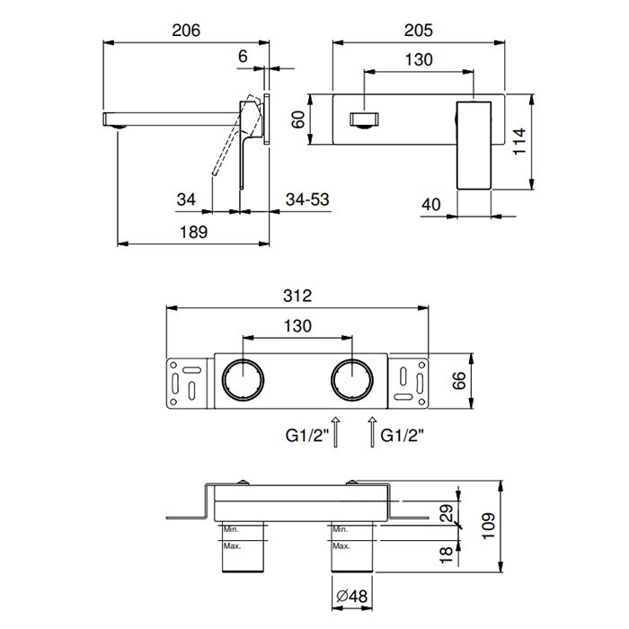 FANTINI MINT Смеситель для раковины, встраиваемый, на 2 отв, без донного клапана, излив 190мм (наружняя часть), цвет: черный матовый