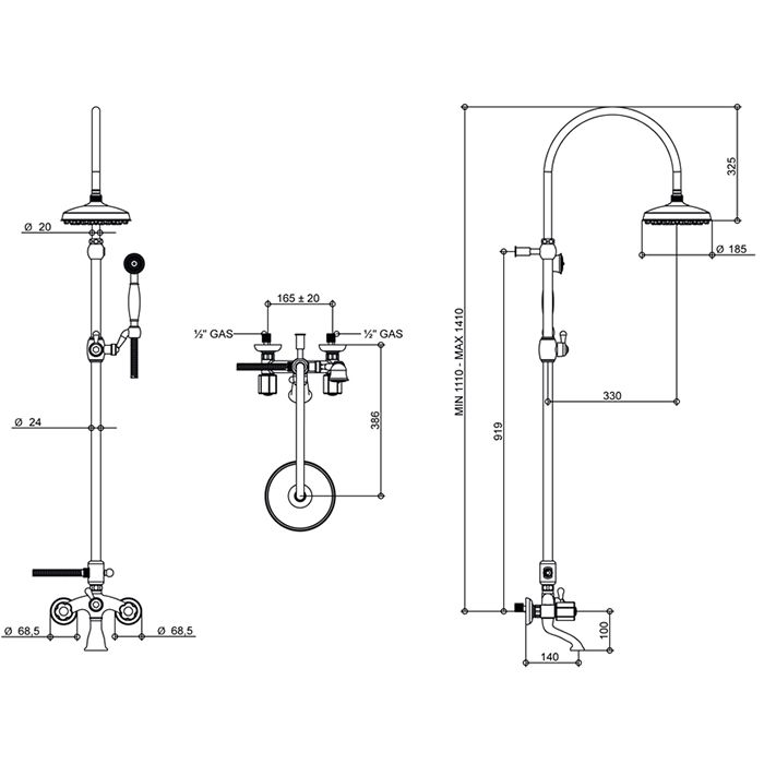 Bongio Fleur Noir Смеситель для ванны - с изливом, душевой стойкой с верхним и ручным душем, , цвет золото/черный фарфор
