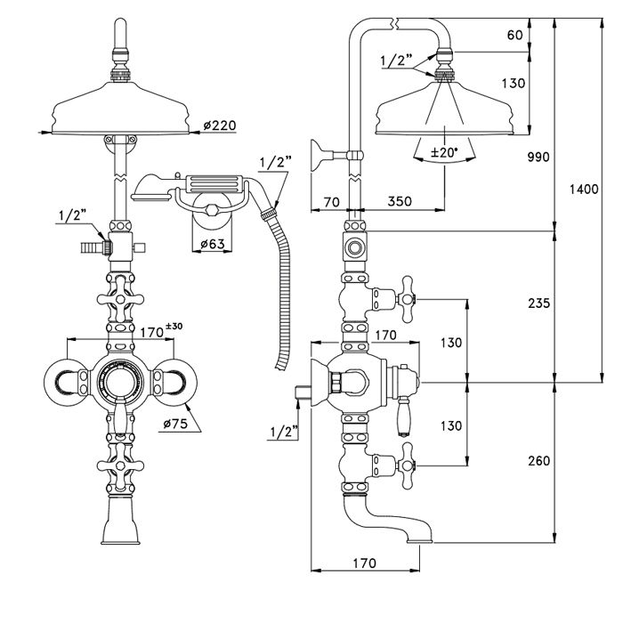 Stella Roma Душевой комплект IS3274/33-220: термостатический смеситель с изливом для ванны, штанга+ручной+верхний душ 220мм, цвет: хром