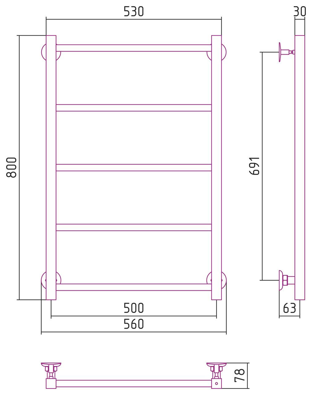 Полотенцесушитель СТИЛЬЕ "Версия-КН" 800х500 (5) П 20х20 (Без покрытия)