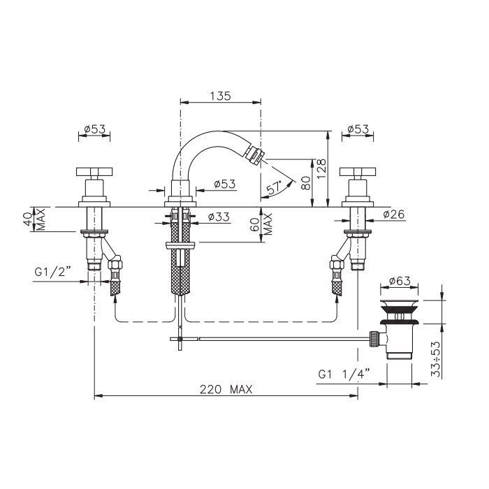 Nicolazzi Mac Kinley 05 Смеситель для биде на 3 отверстия, с 2мя ручками, излив: 135мм, цвет: золото