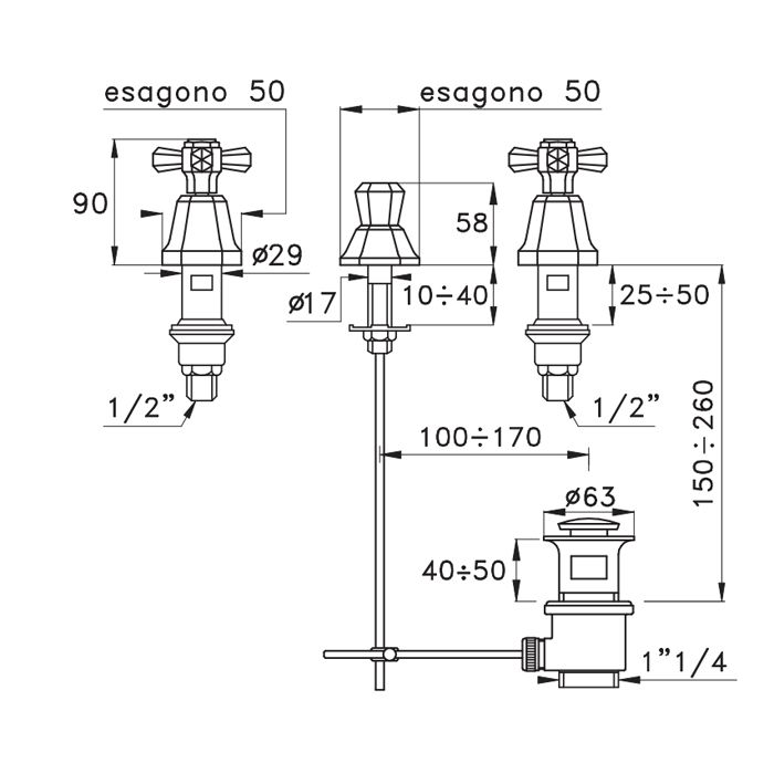 Stella Eccelsa Смеситель для биде на 3 отверстия 3600, без излива, с донным клапаном, цвет: золото 24К