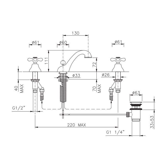 Nicolazzi Nuova Brenta Смеситель для раковины на 3 отверстия, с донным клапаном, излив: 130мм, цвет: Gold Brass