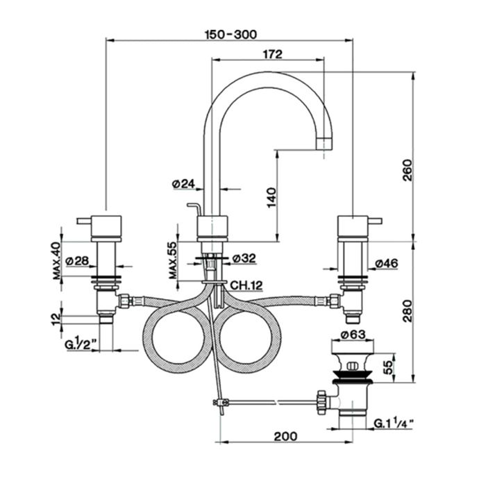 Смеситель для раковины, Cisal, Less New, тип открывания воды-двухрычажный, отверстия для монтажа-3, высота, мм-260, вынос излива, мм-172, донный клапан-есть, цвет-Matt Black