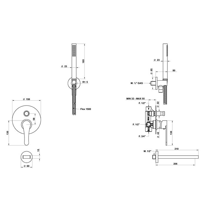 Bongio O'Clock Green Смеситель для ванны, цвет черный матовый