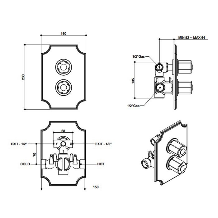 Bongio Fleur Blanc Встраиваемый термостатический смеситель (2 источника), цвет золото/черный фарфор(без встраив части 09728), артикул 12549OREU
