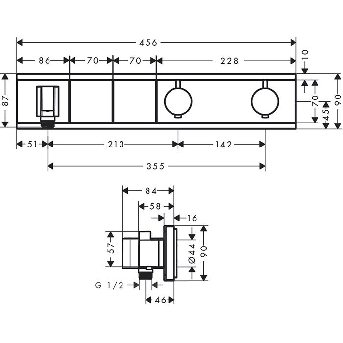 Смеситель для душа, Hansgrohe, RainSelect, тип открывания воды-с 2 кнопками, тип регулирования воды-термостатический картридж, тип установки-встраиваемый, комплектация-ручка, гильза, розетка, функциональный блок, внутренняя часть-необходимо заказать, цвет Смеситель для душа, Hansgrohe, RainSelect, тип открывания воды-с 2 кнопками, тип регулирования воды-термостатический картридж, тип установки-встраиваемый, комплектация-ручка, гильза, розетка, функциональный блок, внутренняя часть-необходимо заказать, цвет