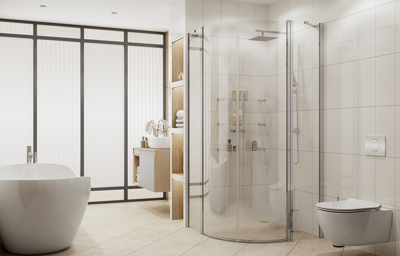 Душевой уголок Ambassador Nord 13011101-ST6, полукруглый, линейный трап, 90х90