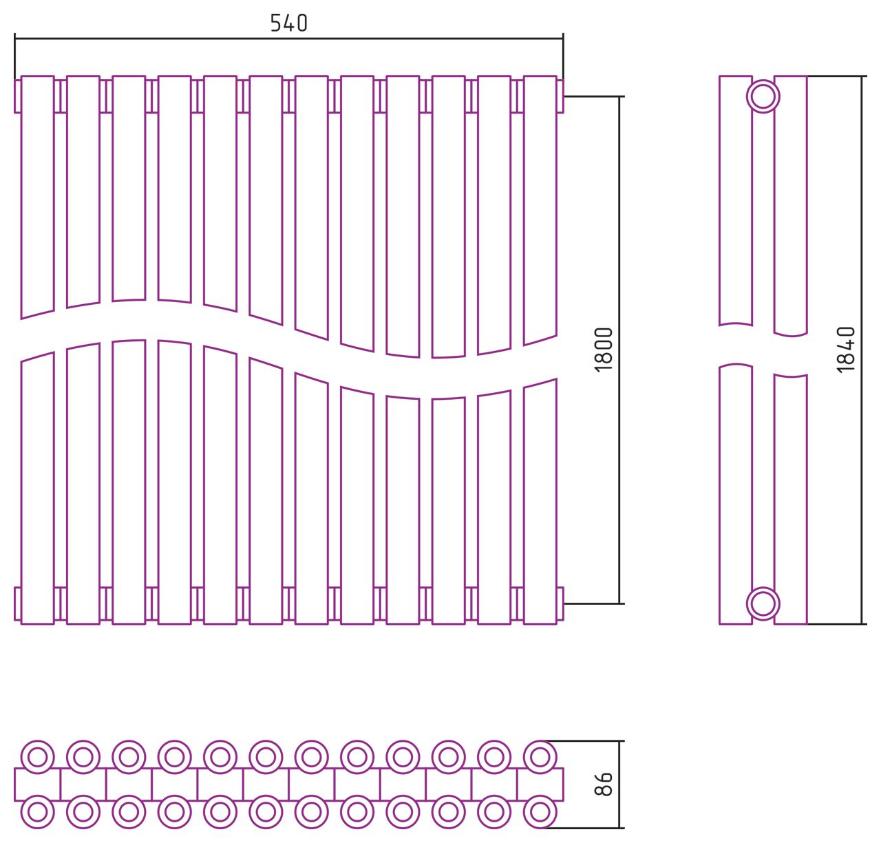 Отопительный радиатор ЭСТЕТ-00 н/ж 1800х540 / 12 сек (Состаренная ЛАТУНЬ)