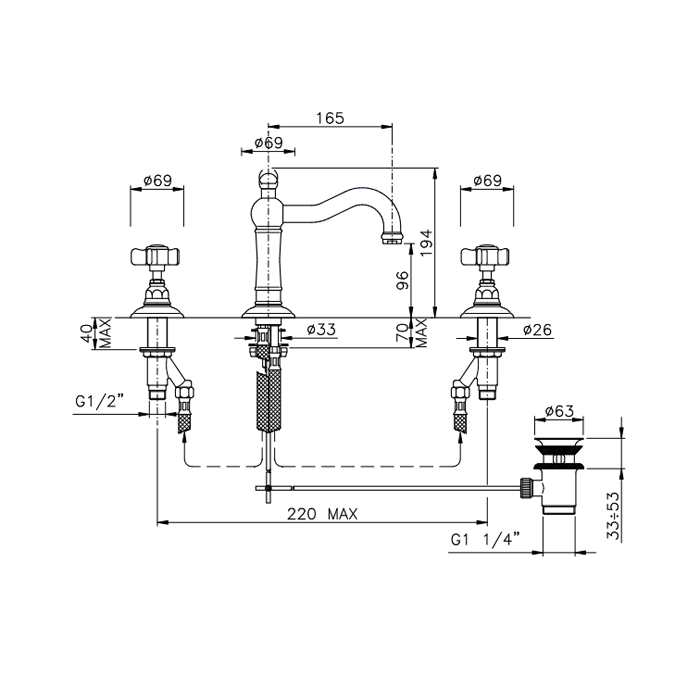 Nicolazzi Dames Anglaises Смеситель для раковины на 3 отверстия, с донным клапаном, излив: 165мм, цвет: хром