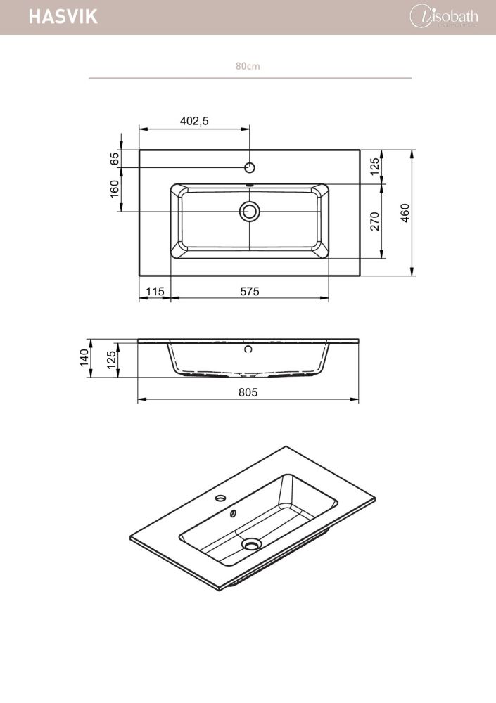 Visobath, раковина из минерального литья Hasvik, без отв. под смеситель 80 см, цвет белый матовый, артикул 73635/S