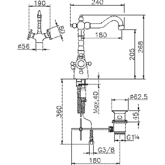 HUBER Victorian Термостат двухвентильный для раковины на 1 отверстие с донным клапаном и поворотным изливом, цвет хром