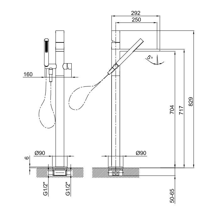 Fantini Milano Смеситель для ванны, напольный, с ручн душем, излив 250мм, (наружняя часть), цвет: матовая натуральная сталь