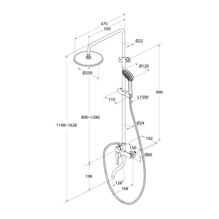 Душевая система с тропическим душем Milardo Stripe черный матовый (STRBL5FM06), артикул STRBL5FM06