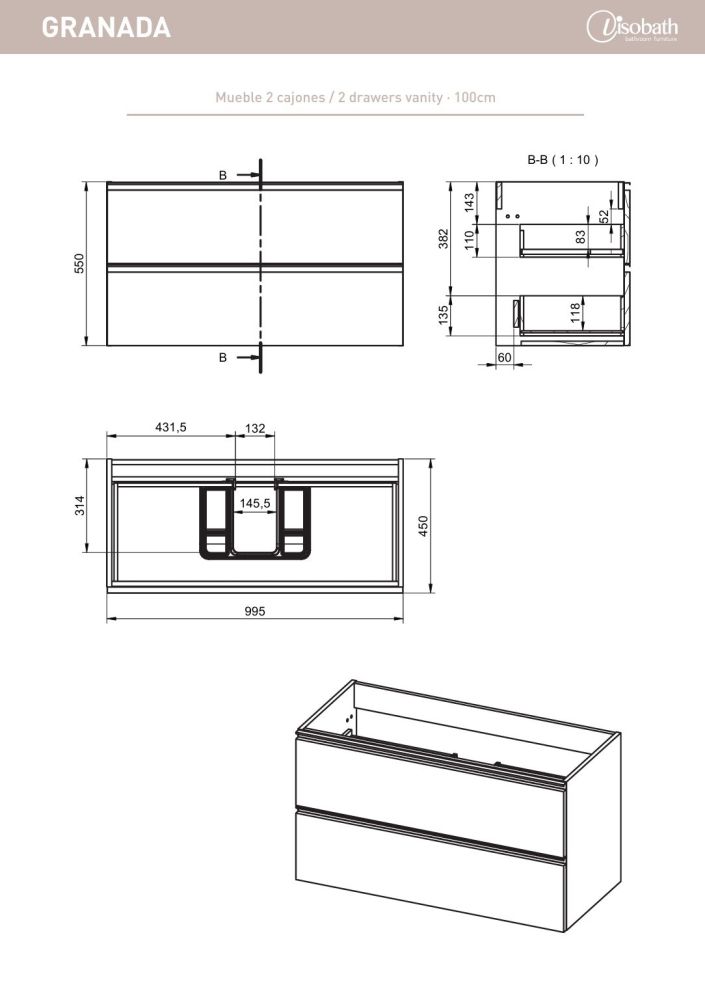Visobath Granada, тумба 100 см, 2 ящика c золотыми ручками, цвет белый матовый лак (B-Ada), артикул 87525/73545