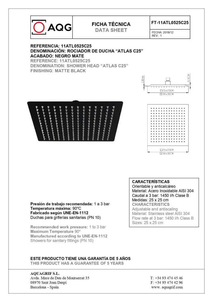 AQG Bold, душевой комплект EС217 на 2 потребителя: с квадратным верхним душем 25х25 см и потолочным кронштейном 35 см, цвет черный матовый, артикул 19BOLEC21705