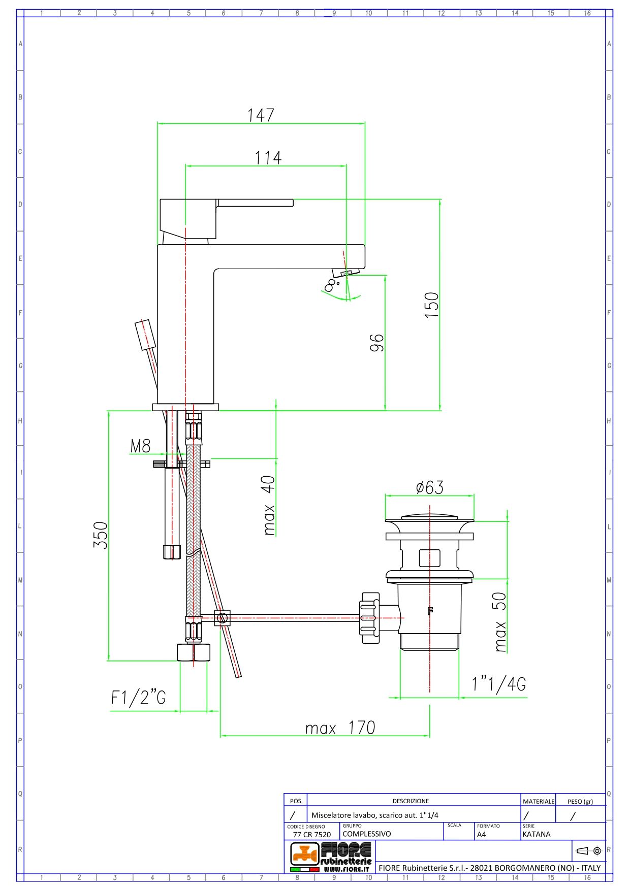 Fiore Katana, однорычажный смеситель для раковины с донным клапаном, цвет хром