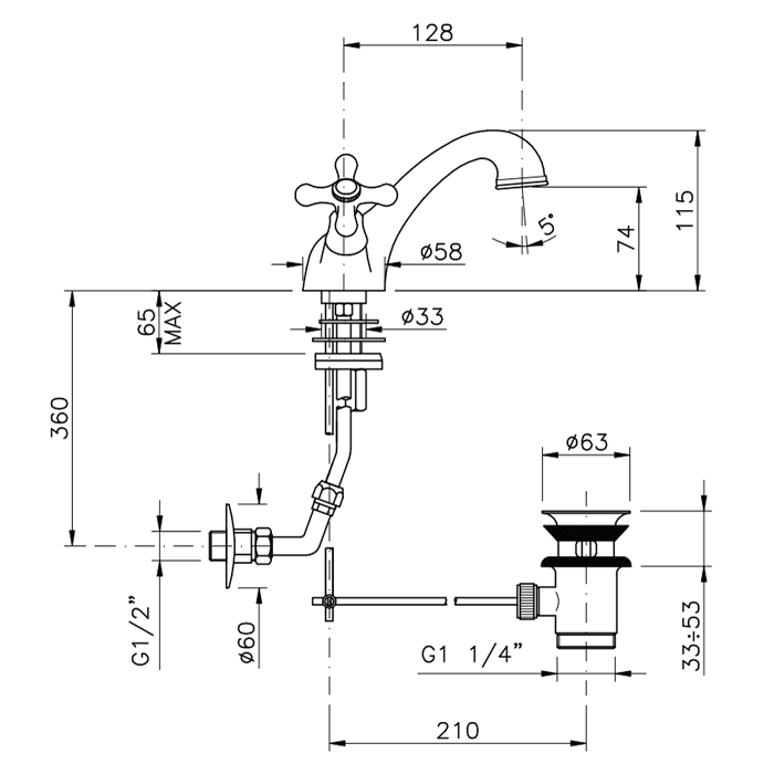 Nicolazzi Nuova Brenta Смеситель для раковины на 1 отверстие, излив: 128мм, с донным клапаном, цвет: хром