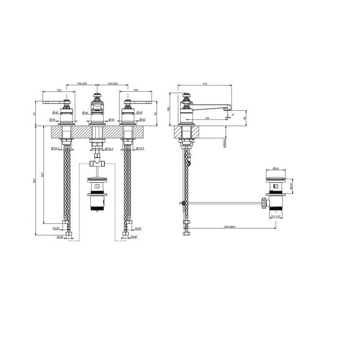GESSI VENTI20 Смеситель для раковины на 3 отверстия, высота излива 50 мм., в комплекте с донным клапаном, цвет Brushed Brass PVD
