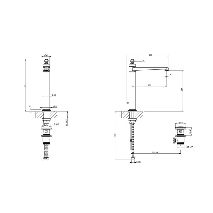 GESSI VENTI20 Смеситель для раковины на 1 отверстие, однорычажный, высокий, в комплекте с донным клапаном, цвет Finox Brushed Nickel
