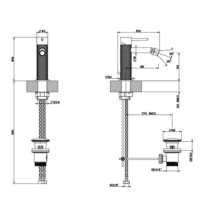 GESSI 316 Смеситель для биде на 1 отверстие, с донным клапаном, излив 118мм, цвет: steel brushed