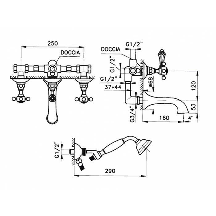 Nicolazzi P.M.Blanc Смеситель для ванны на 2 отверстия, с переключателем ванна/душ, вывод сверху 3/4" (для душ. стойки), ручки белая керамика, цвет: т