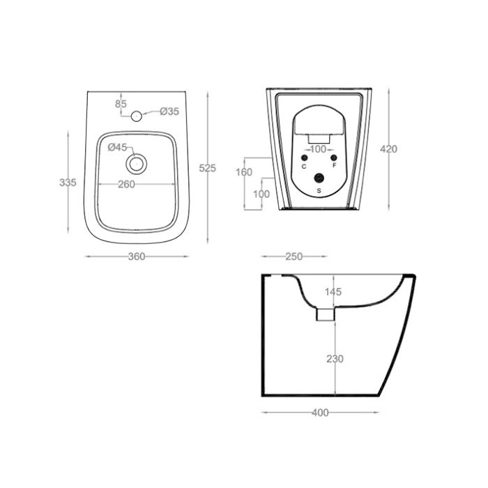 Биде, Artceram, A16, тип установки-напольный, ширина, мм-360, глубина, мм-520, форма чаши-прямоугольная, отверстия для смесителя-1, материал-керамика, цвет-Notte