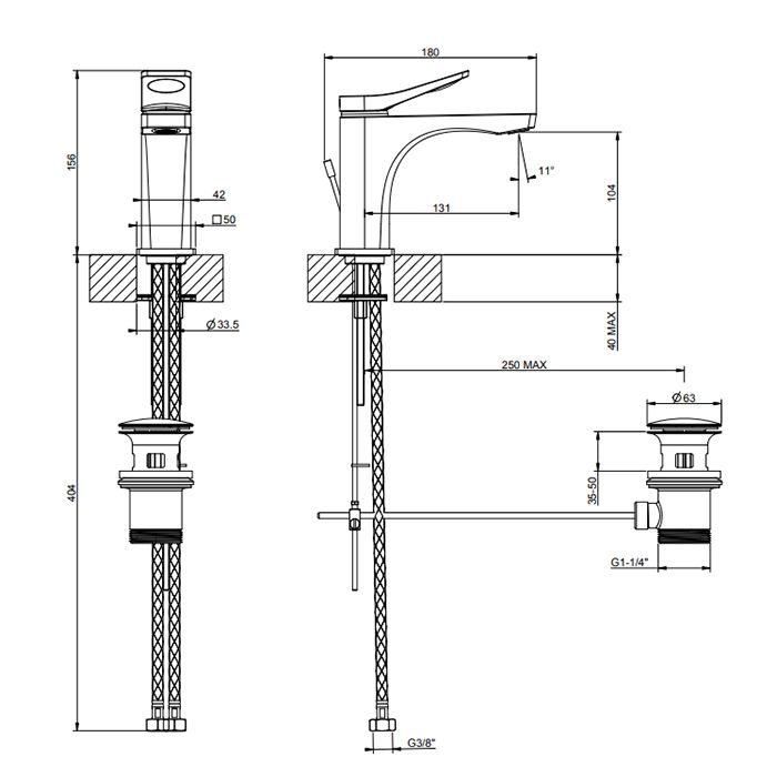 GESSI Rilievo Смеситель для раковины на 1 отв. с донным клапаном  h=156мм, излив 131мм , цвет: nero XL