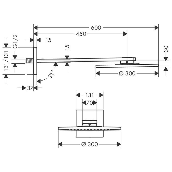 AX ShowerSolution Верхний душ, Ø 300мм, 1jet, с  держателем 450мм, настенный монтаж, цвет полированный черный хром AX ShowerSolution Верхний душ, Ø 300мм, 1jet, с  держателем 450мм, настенный монтаж, цвет полированный черный хром