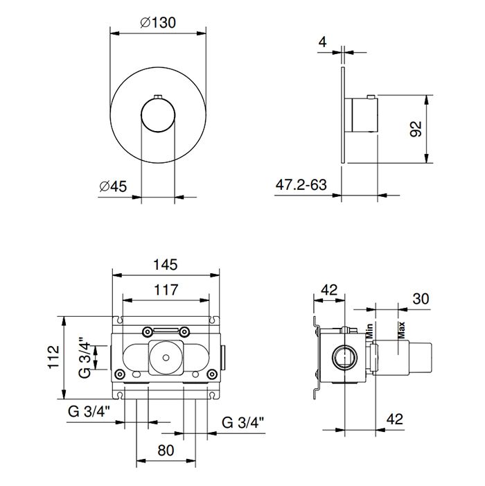 FANTINI AA/27 Смеситель настенный встраиваемый, термостатический, внешняя часть, отделка матовая натуральная сталь
