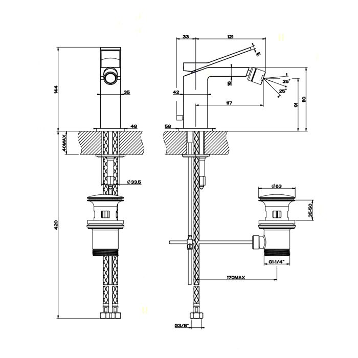 Gessi Rettangolo K Смеситель для биде на 1 отверстие, с донным клапаном, цвет: черный