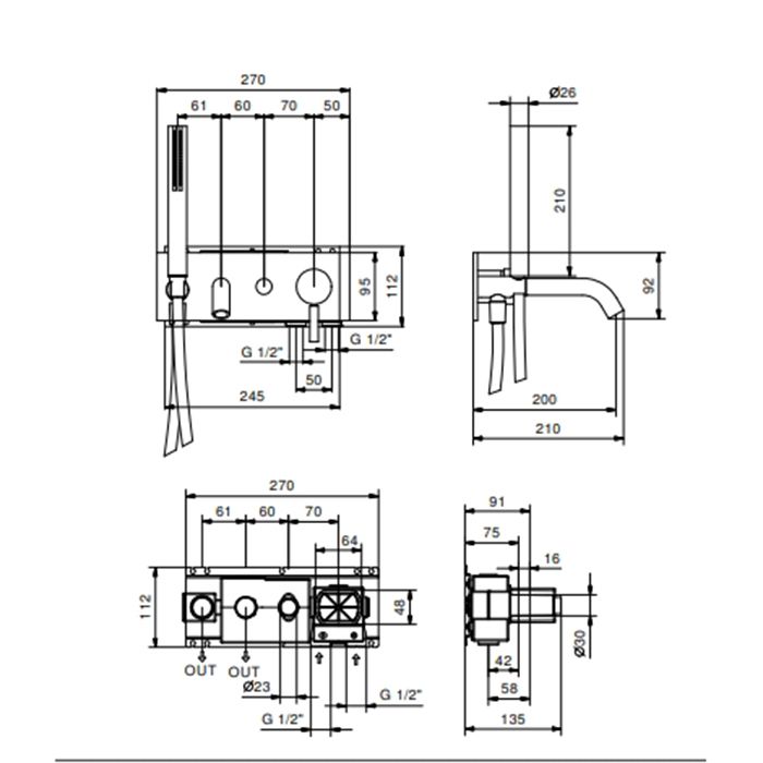 FANTINI NOSTROMO Смеситель для ванны, встраиваемый, однорычажный, с ручным душем и шлангом 1500 мм., внешняя часть, цвет Matt British Gold PVD