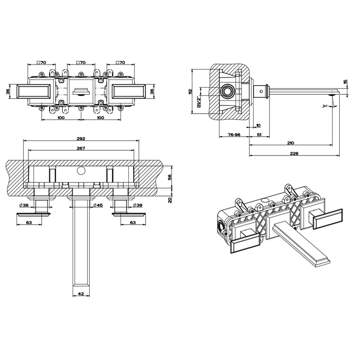 Gessi Eleganza Встраиваемый смеситель для раковины на 3 отверстия, без донного клапана, с изливом(внешние части), цвет: золото